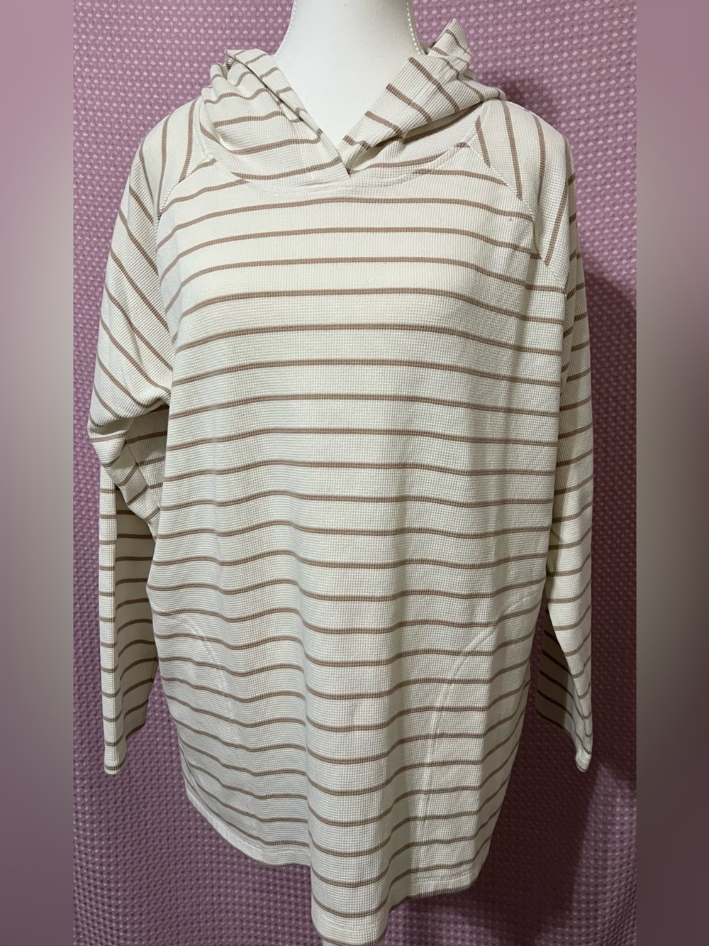 Striped Cream and Tan Hooded Pullover Sweatshirt